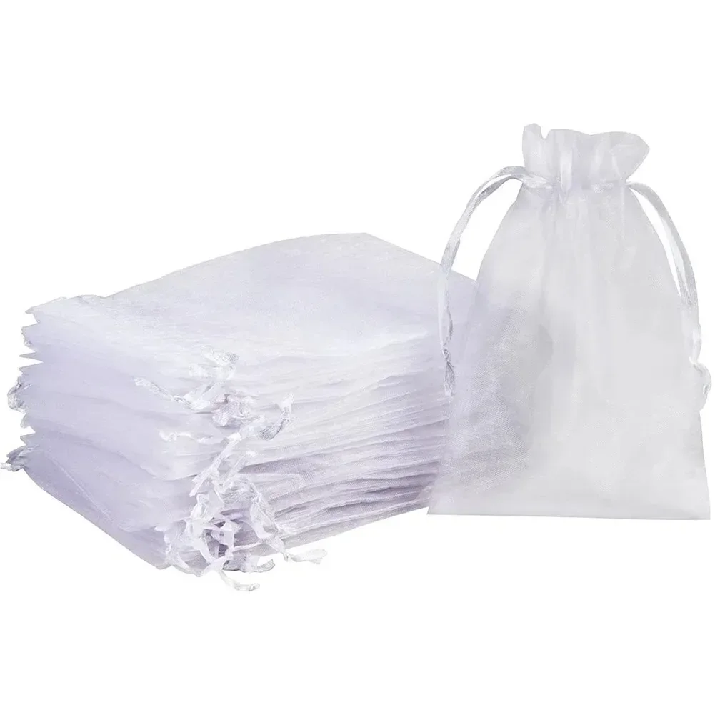 

White Drawstring Organza Gift Bag para Jóias, Bolsas para Casamento, Natal Candy Gift Bags, Embalagem de Jóias, 100pcs por lote