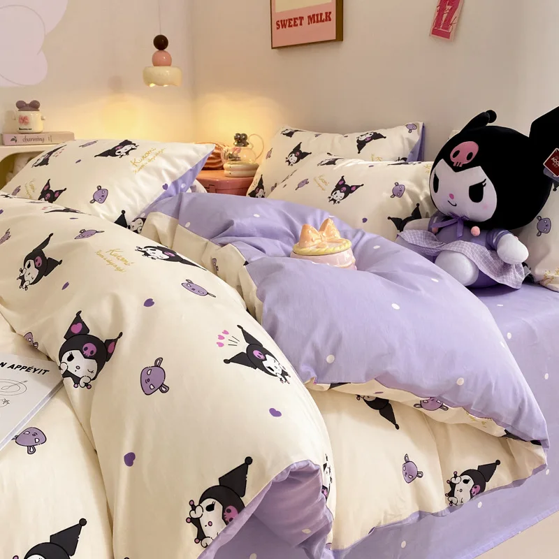 

Cute Cartoon Kuromi 100% Cotton 4-Piece Bedding Set - Kids Duvet Cover, Flat Sheet & Fitted Sheet for Bedroom Decor
