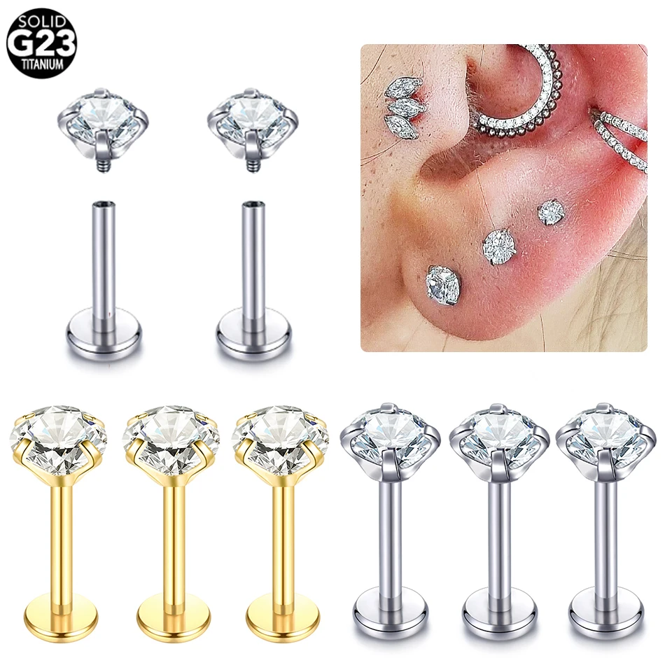 1PC Labret Piercing Titanium Gold Plated Conch Helix Piercing Stud Earring Cubic Zircon Lip Studs Ring Cartilage Earring Jewelry