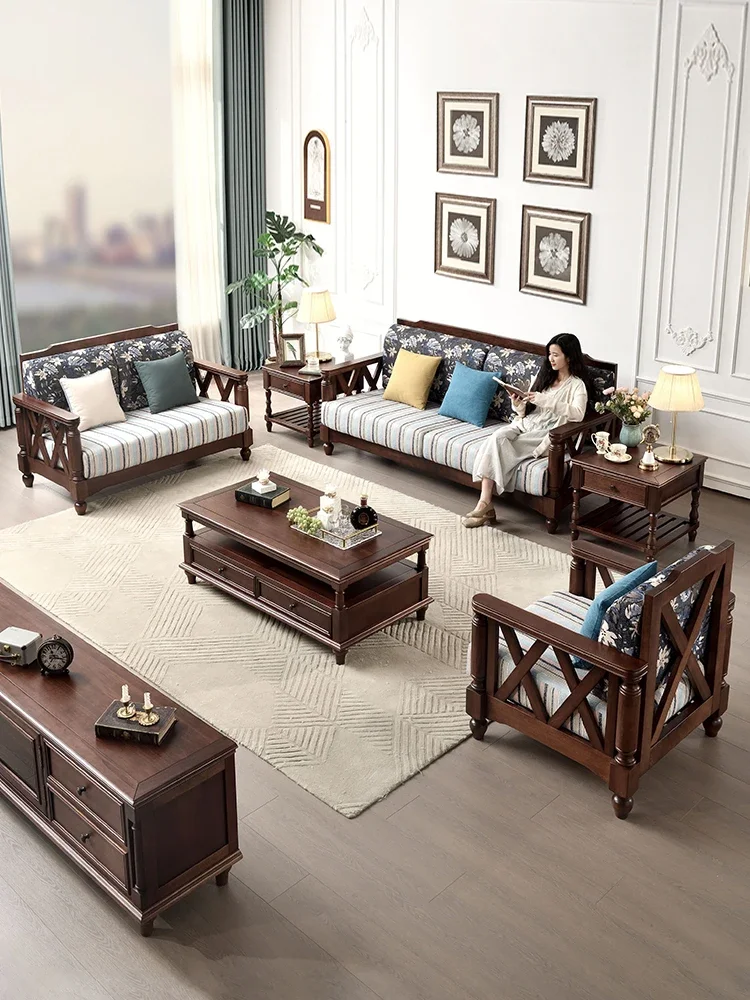 American style solid wood sofa fabric combination Xiaomei style small family living room retro country walnut log furniture