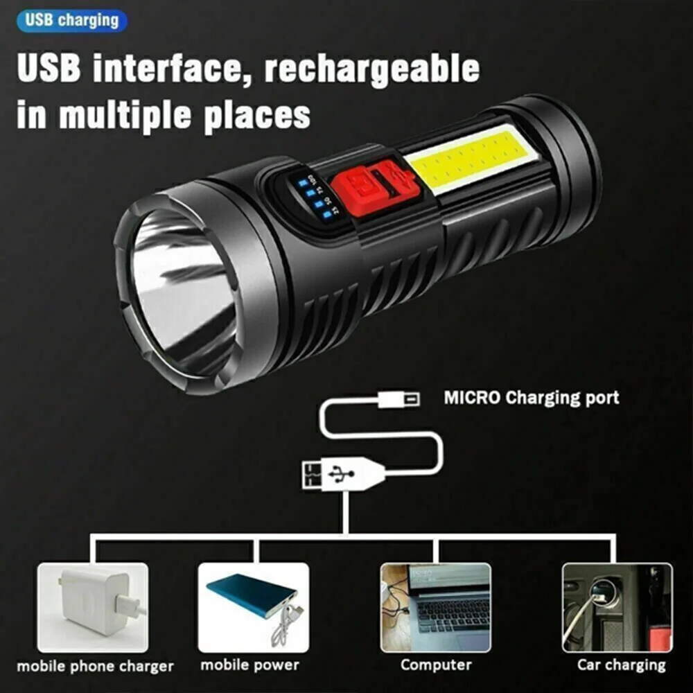 USB مصباح يدوي LED قابل لإعادة الشحن 4-وضع التخييم المشي لمسافات طويلة الشعلة ضوء العمل