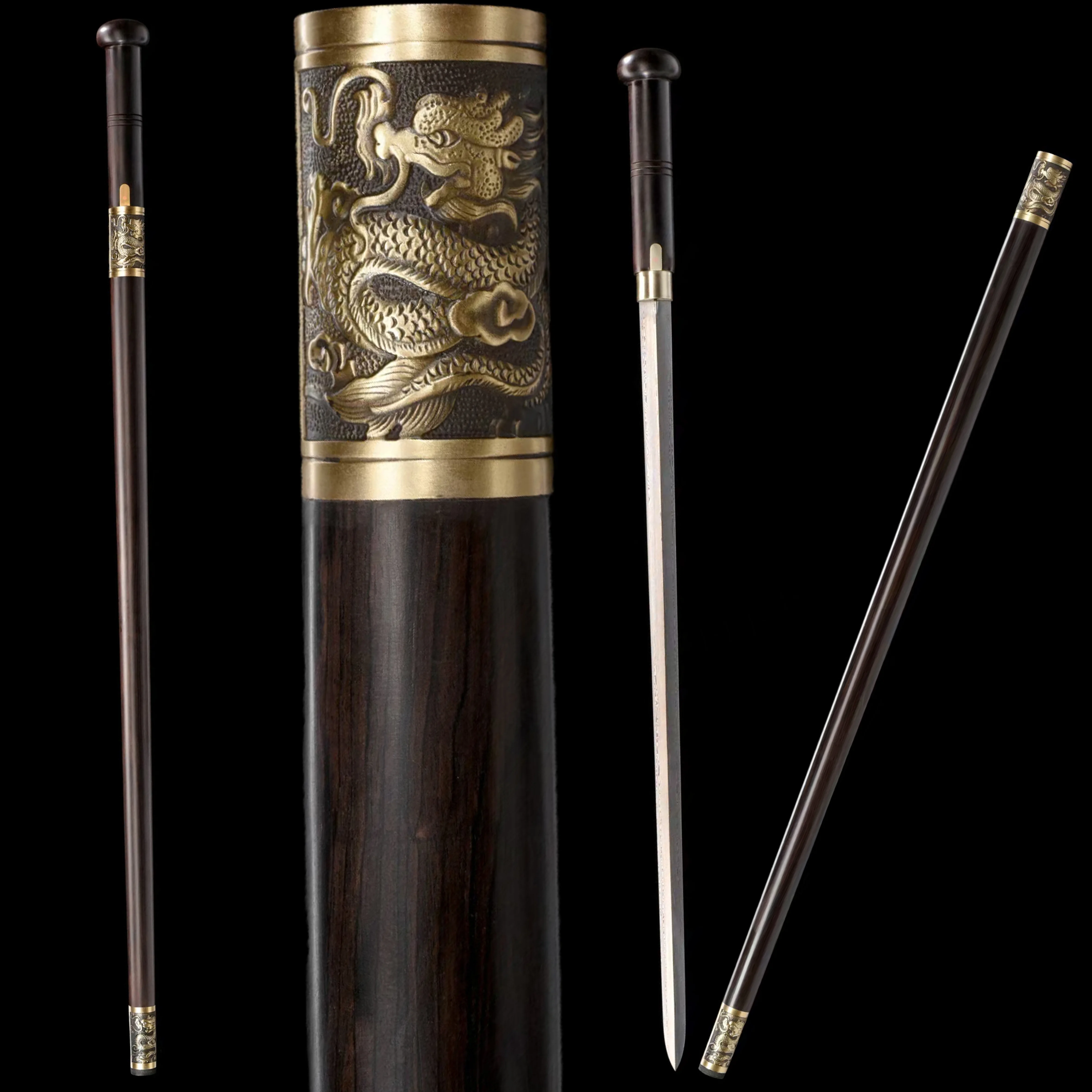 

full tang Medieval black staff Sword Handsome Golden Dragon Damascus Steel Battle Preparation Feng Shui Sharp Weapon Lucky