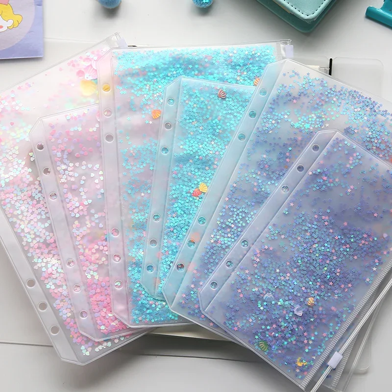 Cute Sequin Zipper Bag Notebook Pvc Pocket Shake Cards Storage Bag for Spiral A5A6 Planner Accessories Office School Stationery