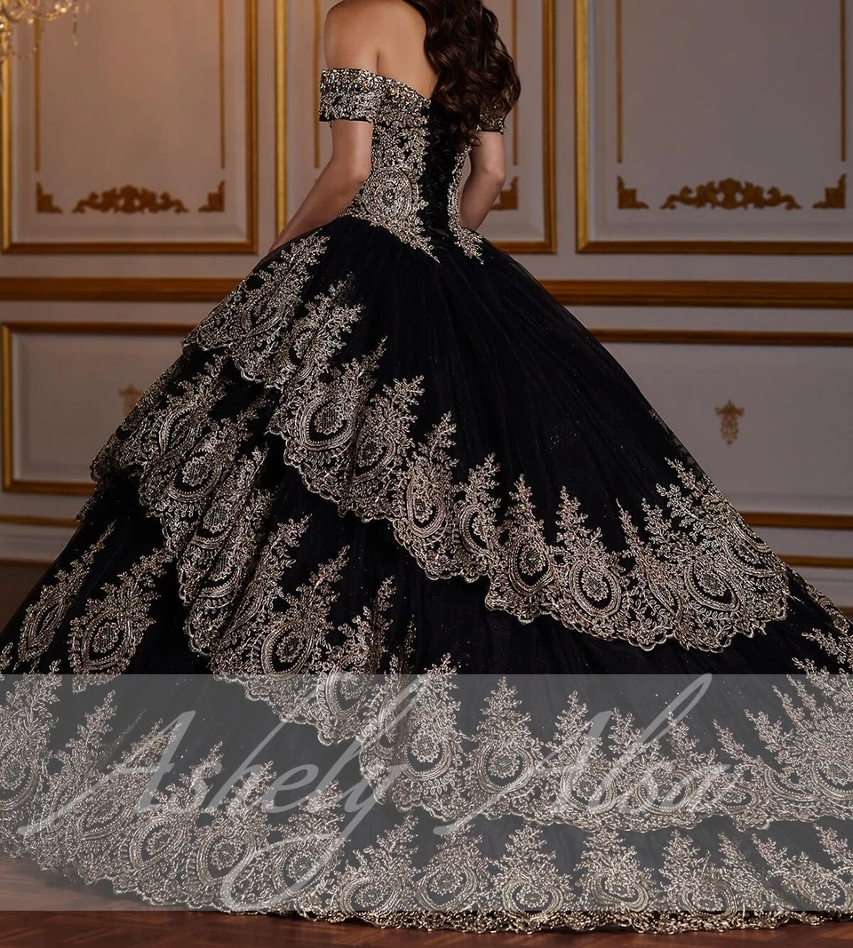 AA158 Customized Black Prom Dresses Dance Queen Off The Shoulder Quinceanera Collection Ball Gown Dress Vestido De 15 Anos 2025