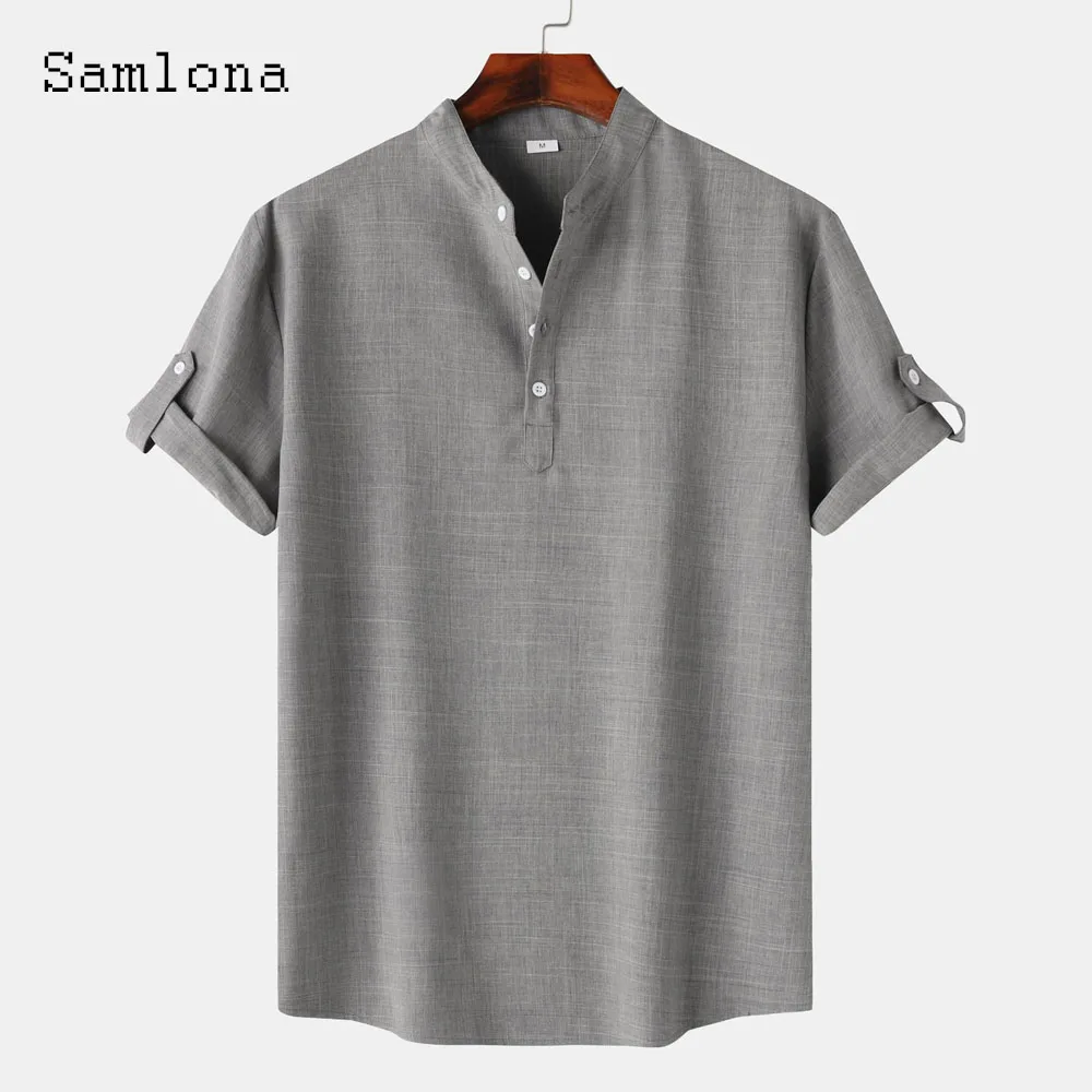 

2024 Men Short Sleeve Casual Linen Blouse Mandarin Collar Fashion Basic Shirts Men's Camisa Top blusas Homme Ropa Male Pullovers