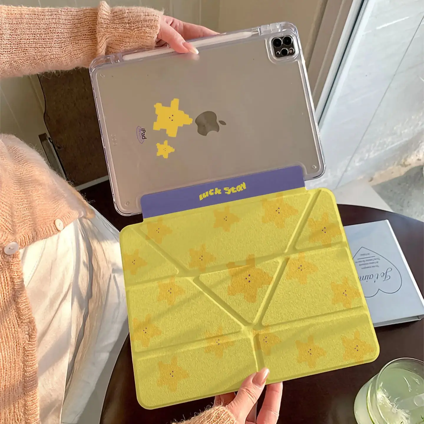 

Yellow Star Pattern Y-Fold For iPad Case iPad 11/Air 7/6/5/10.9" Mini 7 Cartoon Cute Shockproof Tablet Cover with Pencil Slot