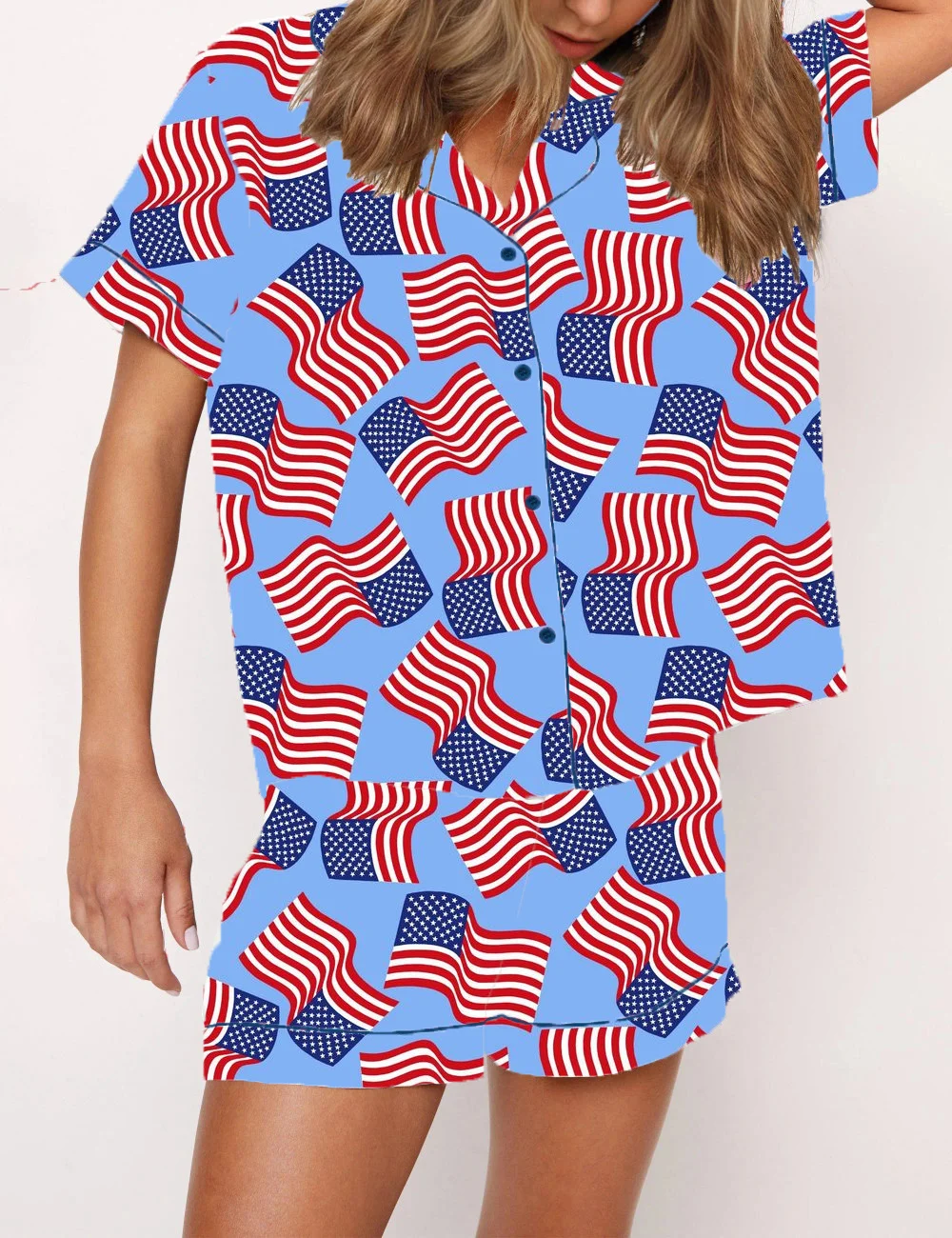 Pigiama da donna del 4 luglio, manica corta, stampa bandiera stellata, camicia con bottoni, pantaloncini, set da notte