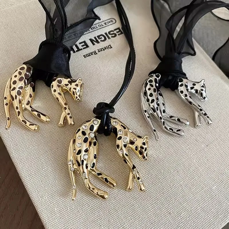 Leopard Print Scarf Necklace with Detachable Pendant for Women