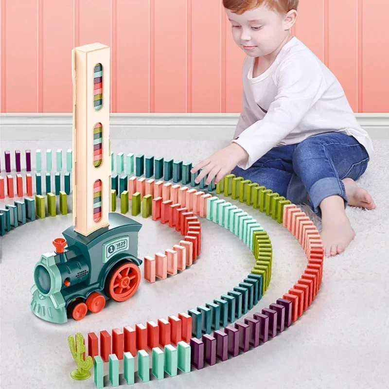 DIY Automatic Laying Domino Train Electric Car Brick Creative Games Intelligence Educational Blocks Kits Toys Kids Birthday Gift