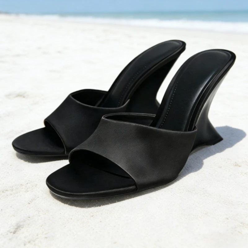 

Черные атласные туфли на танкетке для женщин, модные сандалии с круглым и открытым носком, удобные нескользящие дизайнерские туфли Zapatos De Mujer