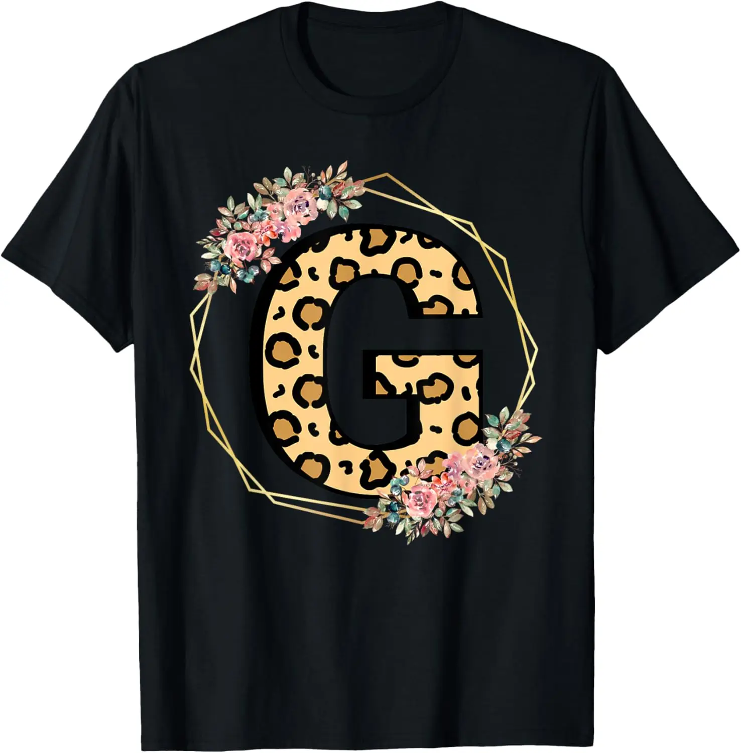 Leopard Letter G Initial Flower Monogram Women Girls T-Shirt