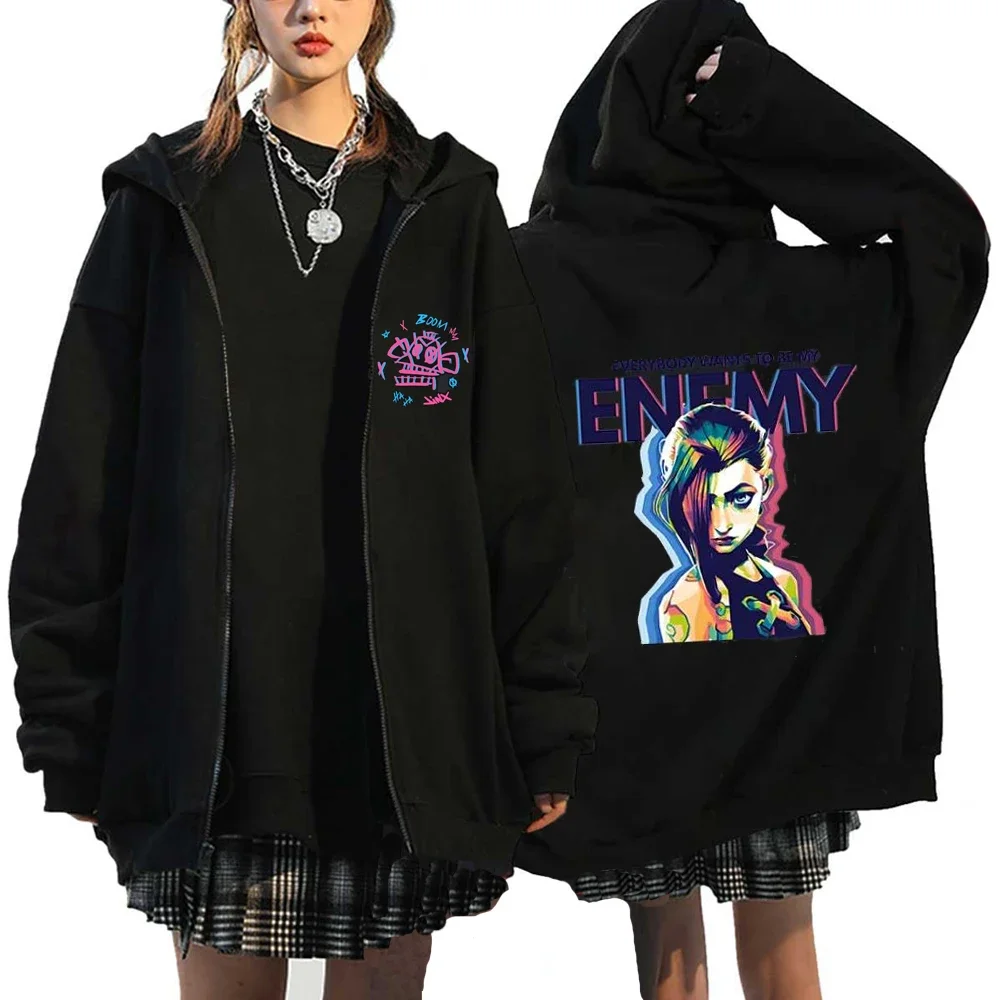 Arcane Jinx Graphic Zip Up Hoodies Boom Monkey Graffiti Zipper Sweatshirt Unisex Harajuku Sweat Clothes Fleece Casual Pullovers