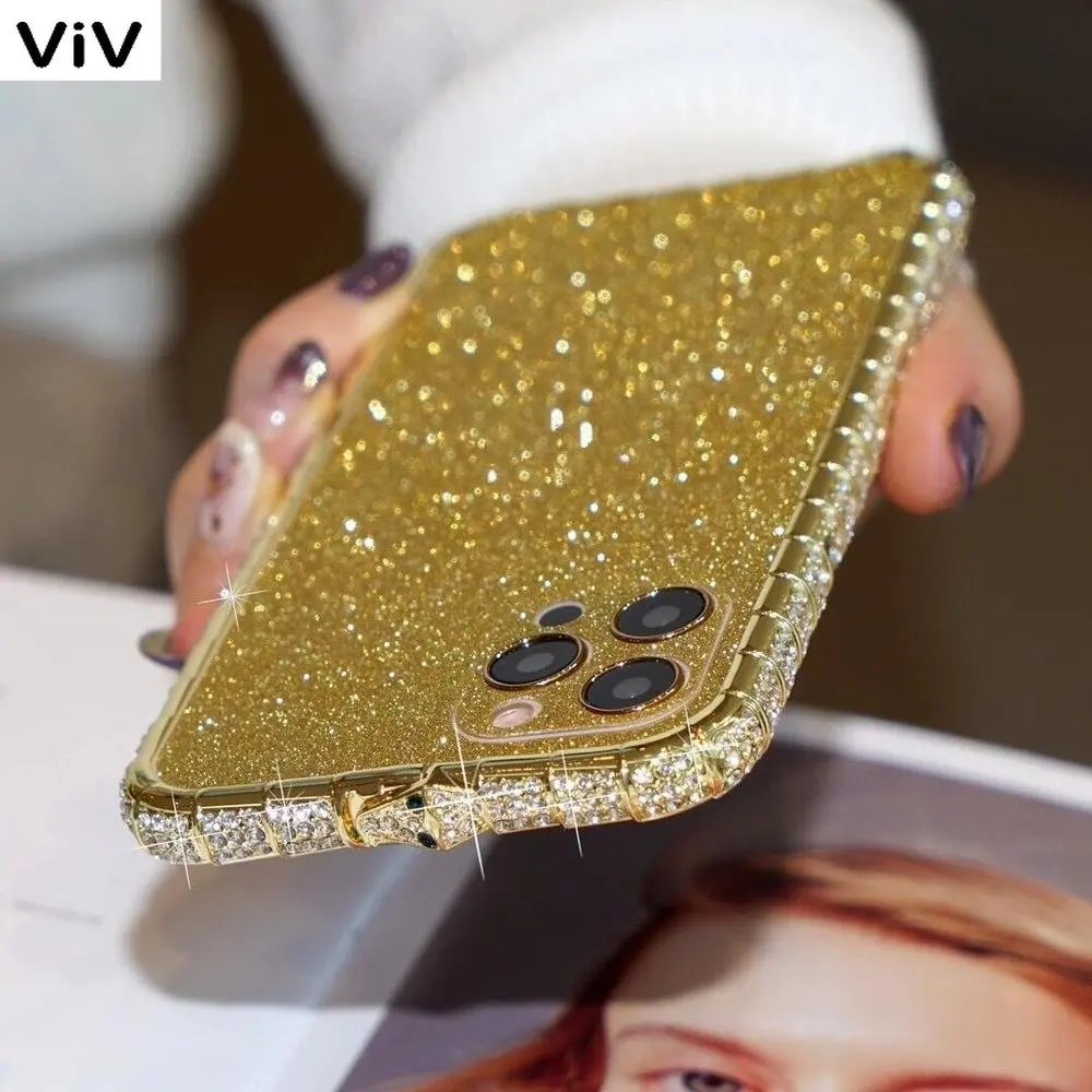 

Bling Diamond Bumper For iPhone 14 13 12 Pro Max Case Glitter Sticker Rhinestone Snake Inlay Metal Frame For iPhone 14 Pro Max