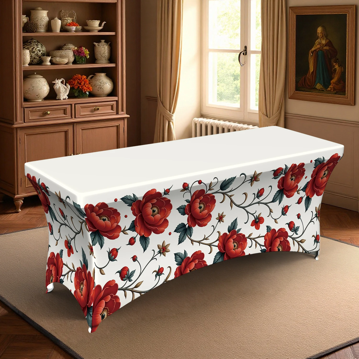 1PC Summer Outdoor Elastic Tablecloth, Red Rose Floral Printed Stretchable Table Cover for 4/6/8FT Rectangular