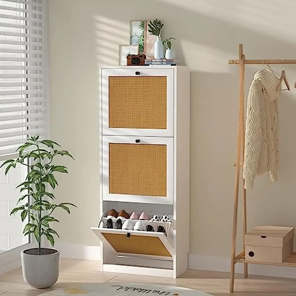 

Wooden Shoe Rack 3 Flip Drawers 3-Tier Storage Hallway Cabinet Adjustable Space-Saving Entryway White Chic Stylish Rustic Shoe