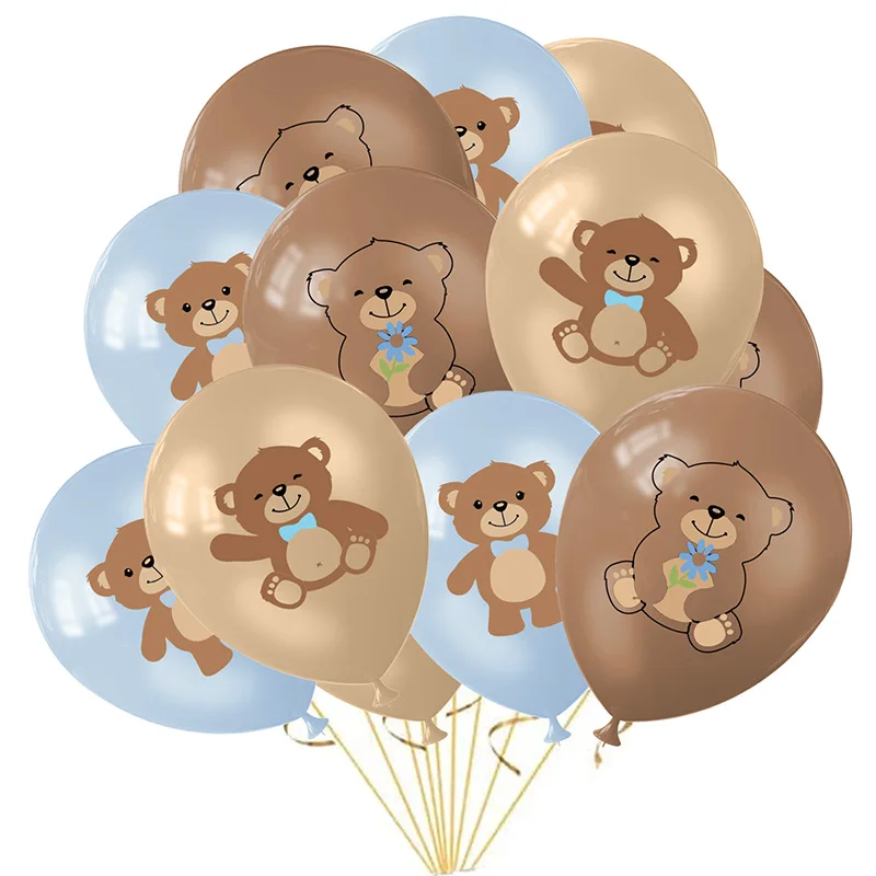 15pcs Teddy Bear Theme Party 12inch Blue Brown Golden Balloons Little Bear Pattern Latex Balloon Valentine's Day Birthday Decor