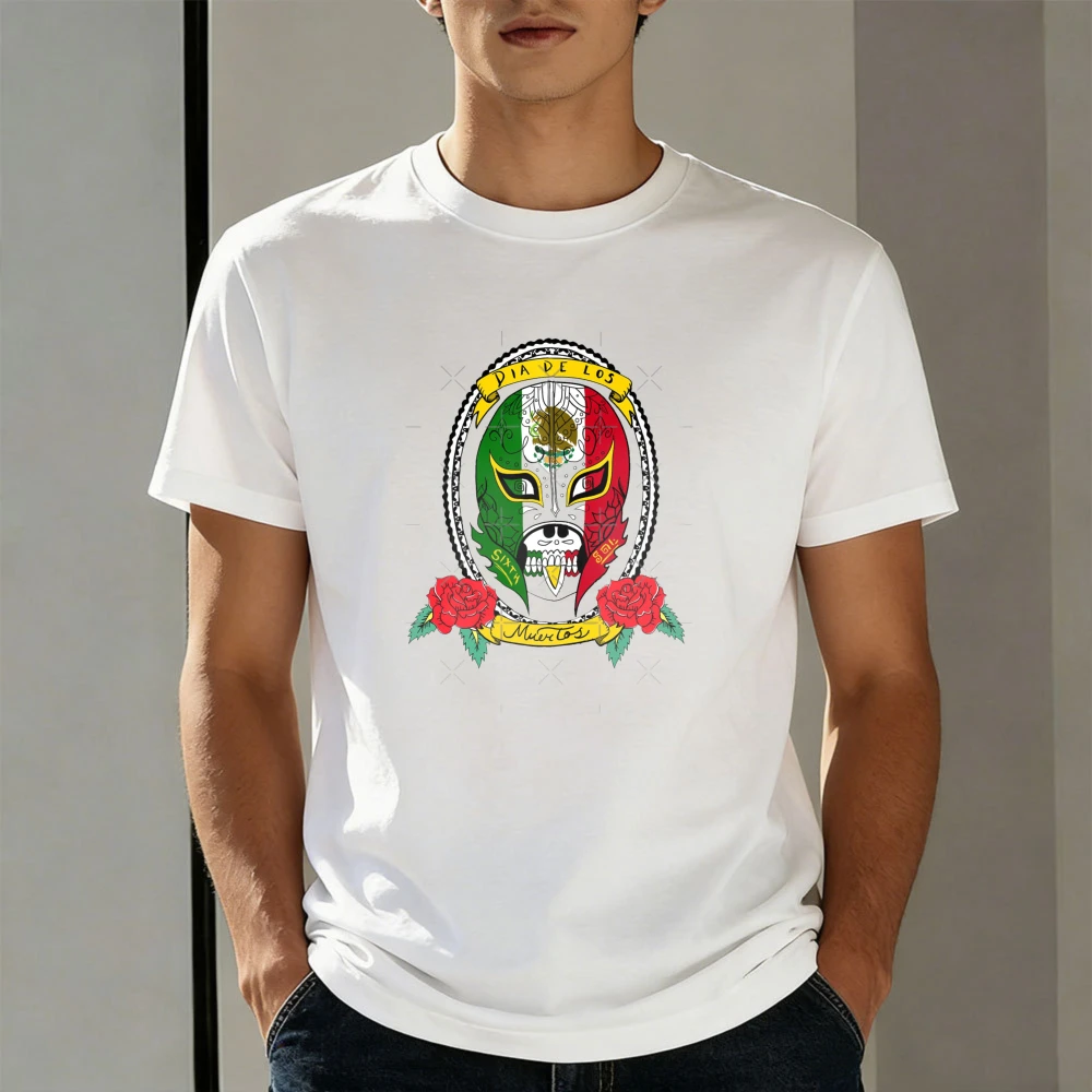 Mexican Lucha Libre Wrestling Mask Rose Design Summer Fashion Men T Shirt Cotton Short Sleeve Top for Everyday Wear Gift Idea