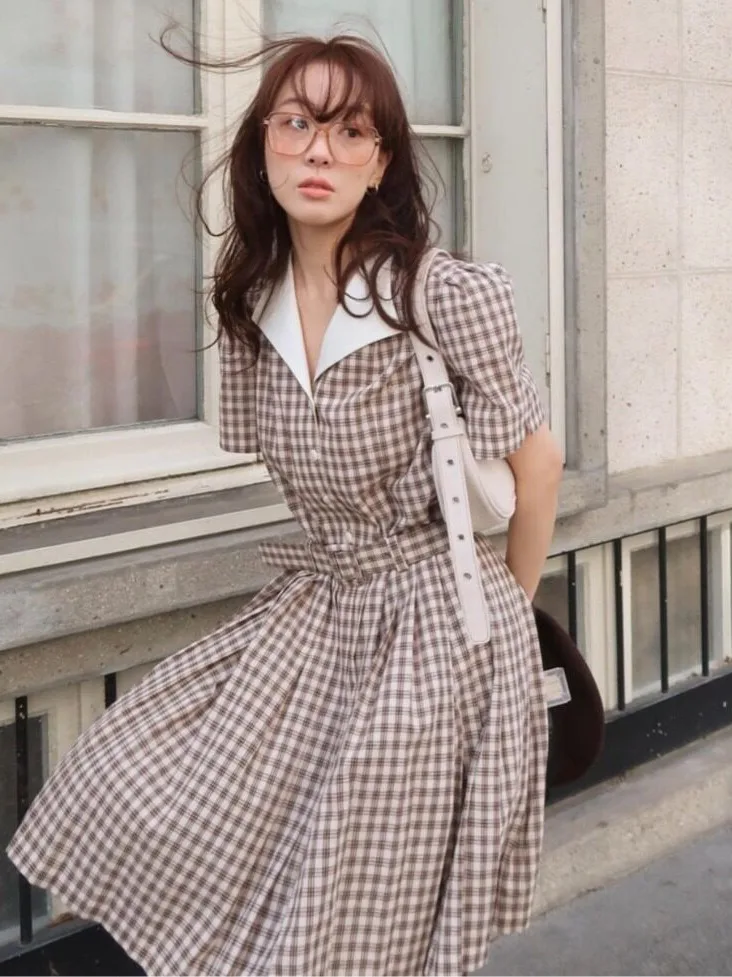 British Loose Plaid Dress with Belt Korean Style Women's Fashion Spring Autumn Winter Casual Skirt Online Exclusive