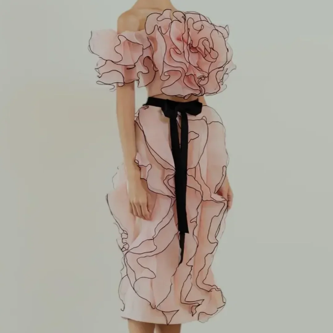 Roze zijden organza feestjurken Couture Rose jurk met zwarte strik Handgemaakte formele gelegenheidsjurk Bloemen Ruffle Prom Midi-jurk