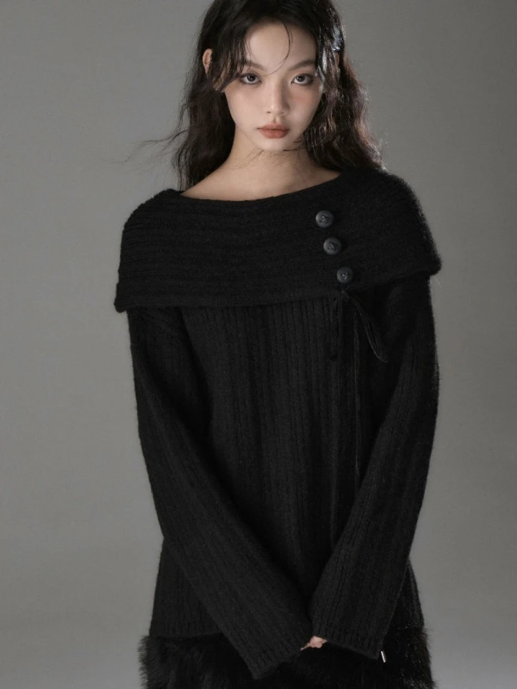 HOUZHOU Coquette Elegant Sexy Knitted Pullovers Sweet Solid Y2k Aesthetic Off Shoulder Bow Bandage Loose Sweater Autumn 2024