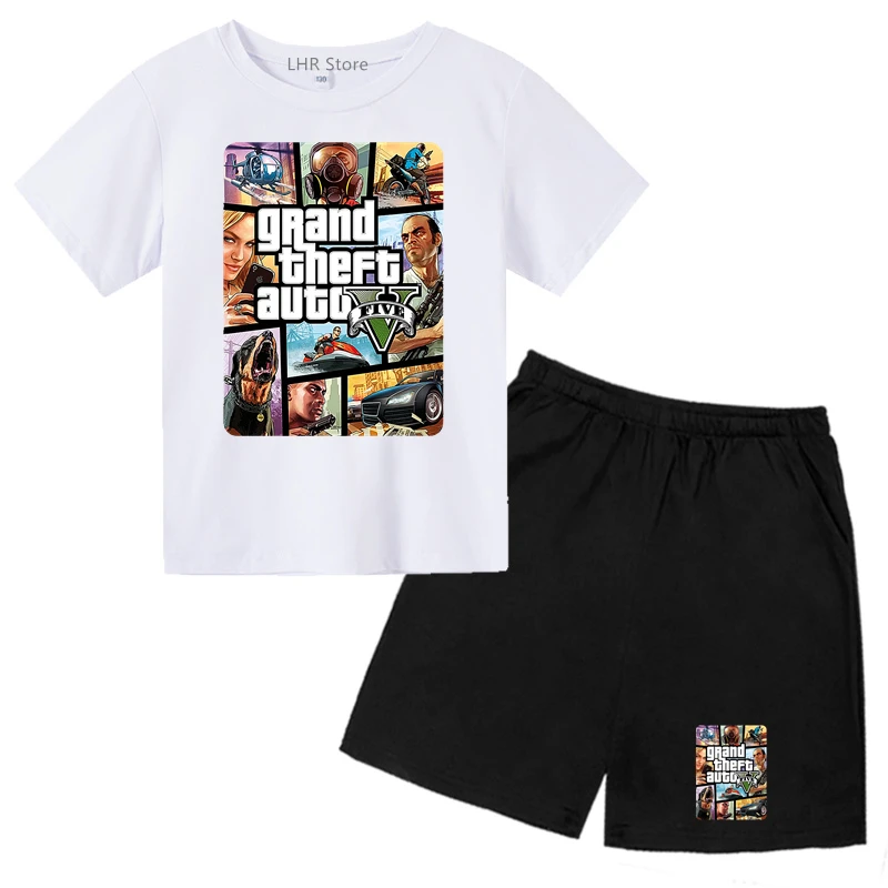 Grand Theft Auto GTA 5 camiseta y pantalones cortos para niños y niñas, conjunto de cuello redondo, moda de ocio, ropa para niños de 3 a 12 años