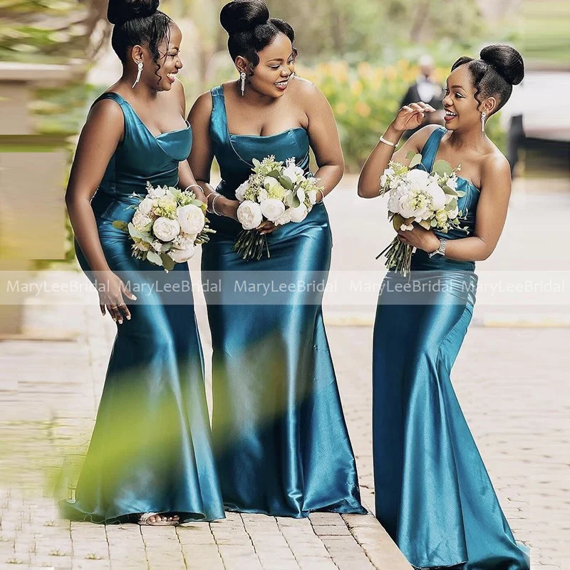 Customized Dark Cyan Bridesmaid Dresses Pleated Satin Plus Size Women Robes Mermaid Wedding Party Dress Maid Of Honor Gowns