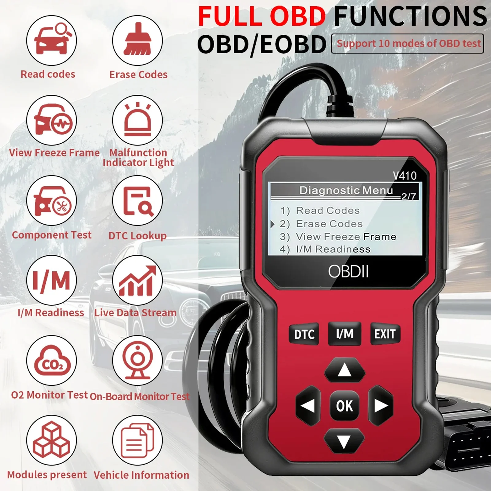 V410 Obd2 الماسح الضوئي أداة تشخيص شاحنات السيارات 1996 + تيار البيانات في الوقت الحقيقي I M استعداد اختبار الجهد فحص قارئ رمز المحرك