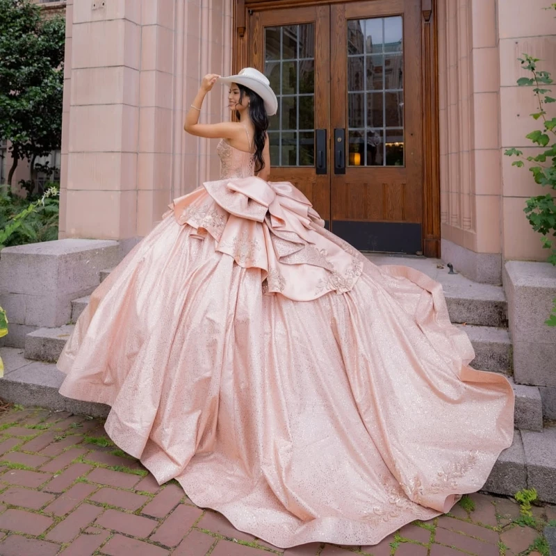 Rose Gold Glitter Quinceanera Dresses Off Shoulder Ball Gown Sweet 16 Dress Applique Lace Beads Bow Corset Birthday Vestidos 15