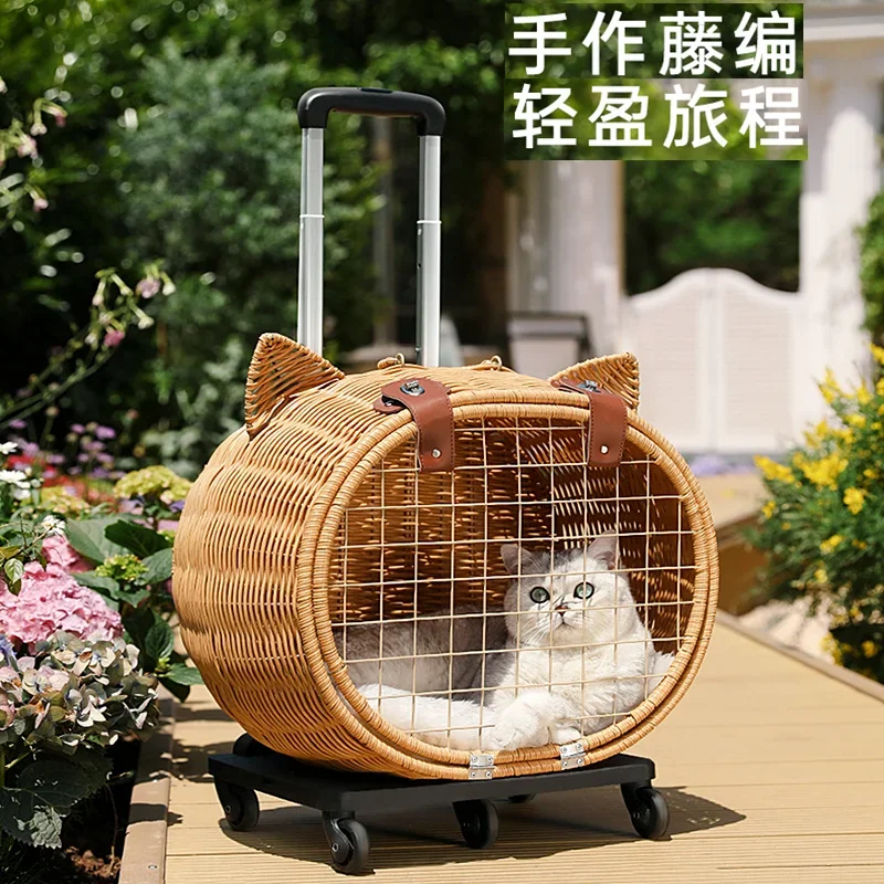 cat out trolley case walking cat handmade rattan weaving nest leather lock pet dog cage suitcase with pulley