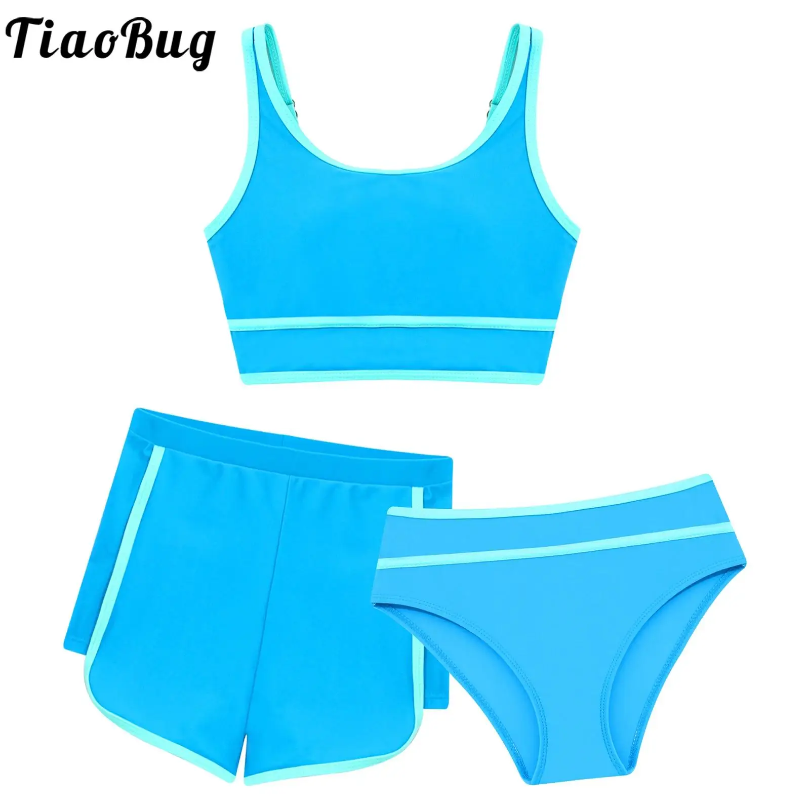 Kids Girls 3 Piece Swimsuits Bikini Padded Tank Top with Bottoms Shorts Set Summer Pool Beach Surfing Bathing Suit Swimwear