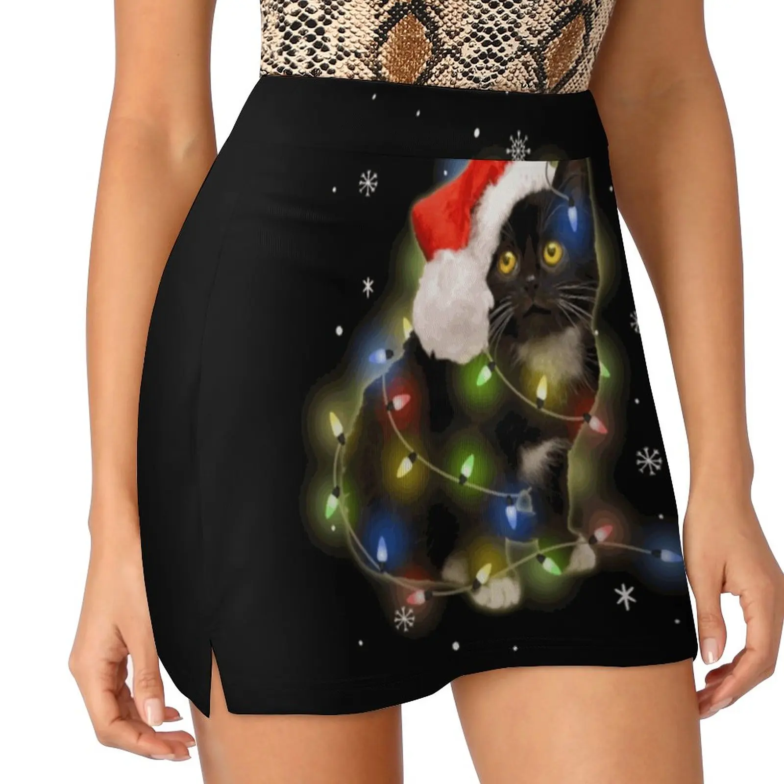 Black Cat Christmas Light Tshirt Funny Women's skirt Y2K Summer Clothes 2022 Kpop Style Trouser Skirt With Pocket Black Cat