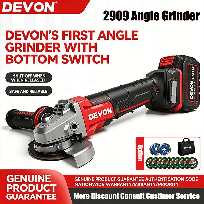 

Devon 2909 Lithium-Ion Angle Grinder 20V Brushless Switch-On Cutting Grinding and Polishing Machine Devon High-Speed Polisher