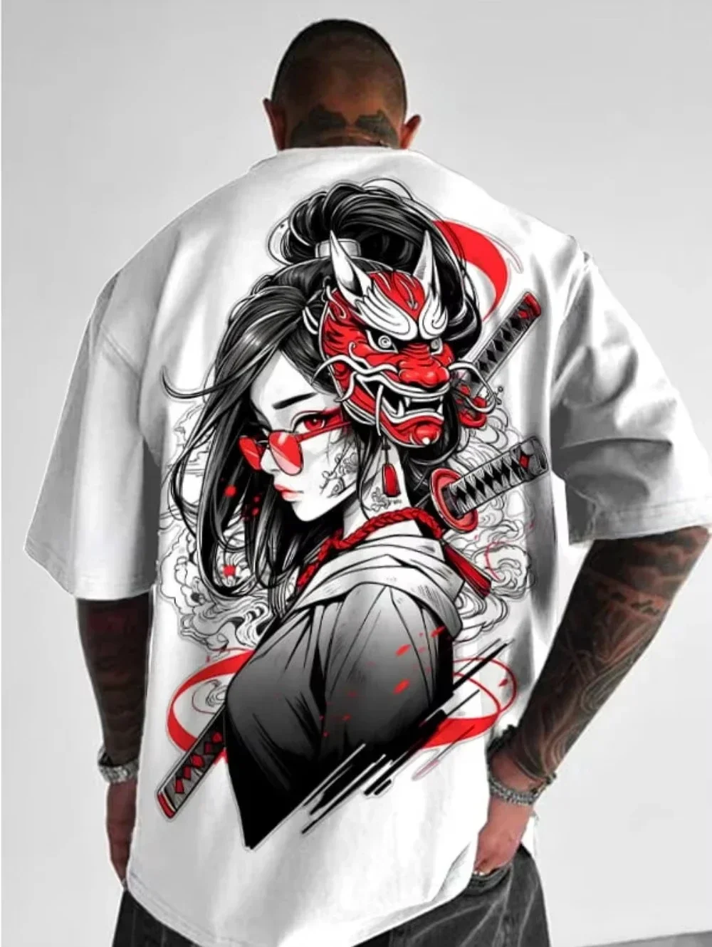 Japanese Geisha Oni Mask Samurai Sword Graphic T-shirt Unisex Back Print Short Sleeve Retro Asian Streetwear Top for Men Women