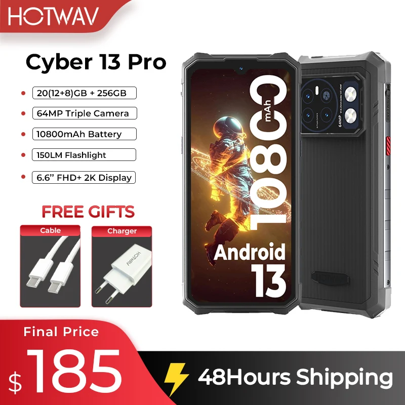 HOTWAV Cyber 13 Pro Android Rugged Devices Global Version 150LM Flashlight 20GB+256GB 6.6\'\' FHD+ 2K 10800mAh Battery 64MP Camera