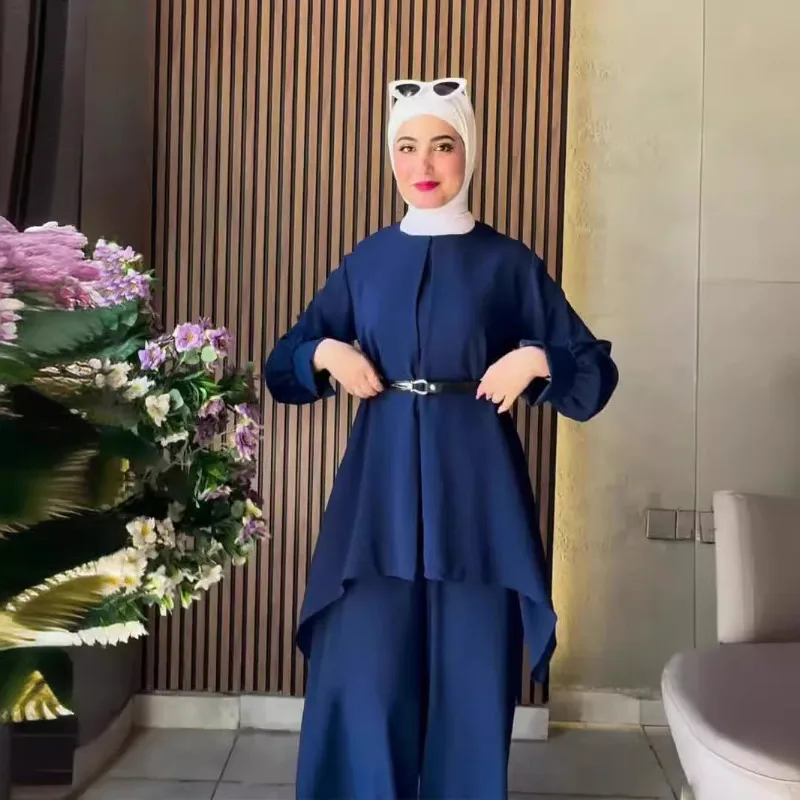 

2024 New Muslim Ramadan Suit Comfortable Casual Abayas for Women Waist Batman Long Sleeve Solid Color Pants Suit