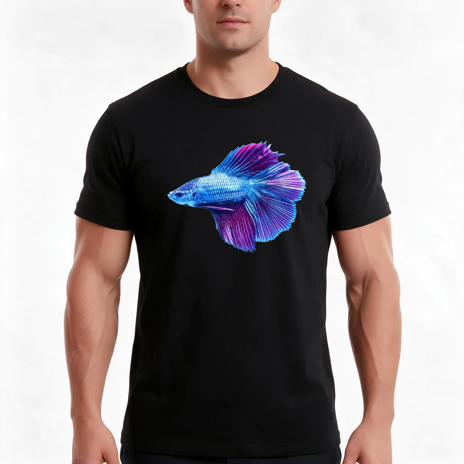 Emerald Blue Betta Siamese Fish T-Shirt, Summer Casual Cotton Tee, Oversized Streetwear Tops, Vintage Graphic Print, 100% Cotton