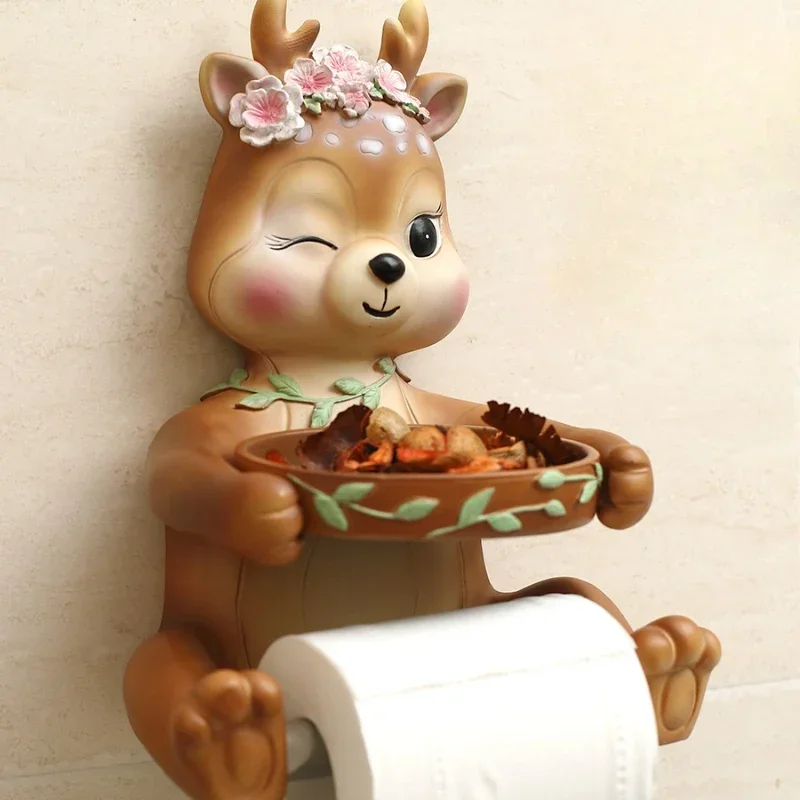 Multifunctional Punch-free Tissue Holder Bathroom Decor Accessories Wall-mounted Roll Holder Creative Resin Deer Tissue Box