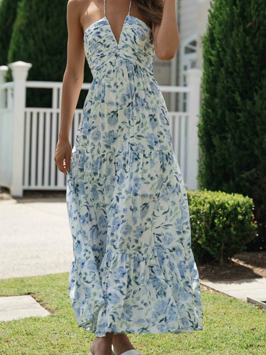 

Women Long Dress Elegant Sleeveless Tie-up Halterneck Floral Dress Summer Swing Dress Bohemian Holiday Dress