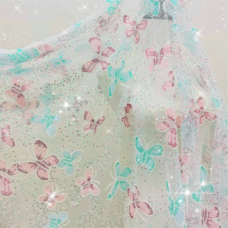 

1/2/3yards Sequin Embroidered Lace Fabric Colorful Branches Butterfly Blue Snowflake Sequin Heavy Embroidery Tulle Fabric