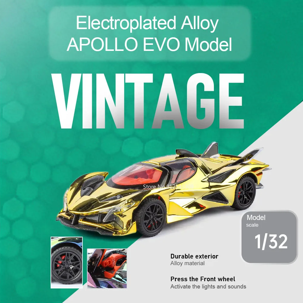 

Машинка-модель Apollo EVO IE 1:32, с открывающимися дверями, из литого металла, с функцией отката назад, со звуком и светом, подарок для мальчиков