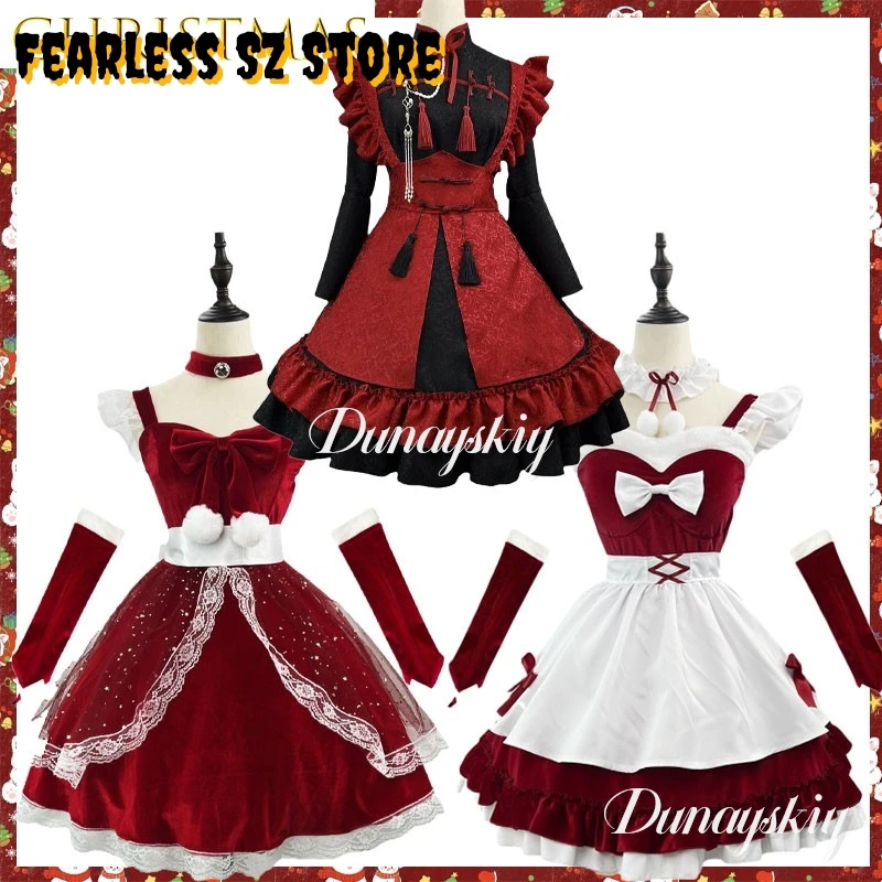 

[DUNAYSKIY] Рождественский костюм горничной из чистого соблазнительного бархата плюс наряд для косплея, платье для ролевых игр в стиле аниме, Рождество
