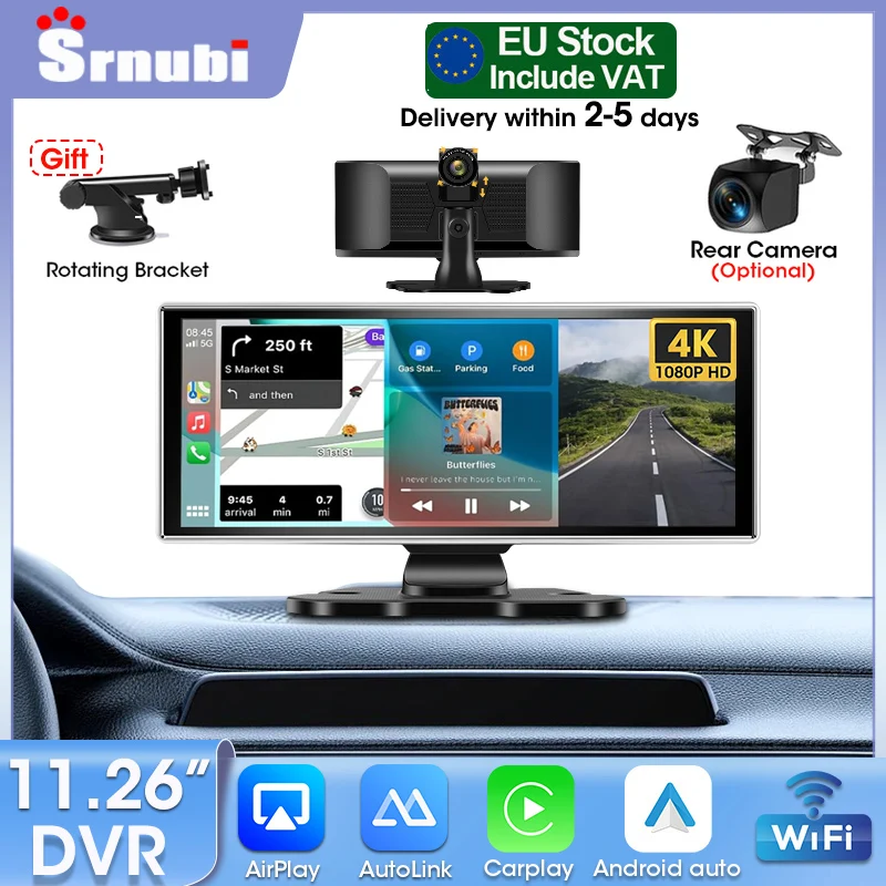 Srnubi 11,26-Zoll 4K Auto-DVR, tragbare 2160P-Dashcam, kabelloses Carplay, Android Auto, Dual-Kamera, Airplay, Moto-Navigation, GPS-Audio