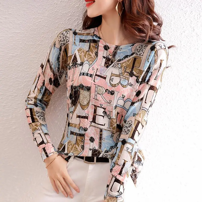 

Women Clothing Spring Autumn Korean Fashion Letter Print Luxury Chic Basic T Shirt Elegant O Neck Long Sleeve Slim Pullover Tops