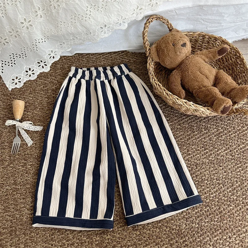 

Loose Pants 2025 Autumn Korean New Childrens Vertical Stripes Girls Elastic Waist Casual Pants