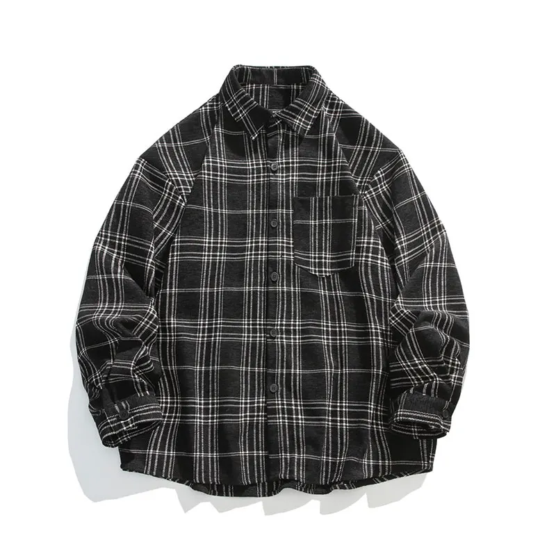 Autumn Winter Men\'s Chenille Plaid Shirts Oversized Casual Thick Overshirt Check Single Pocket Long Sleeve Blouse Boy Student