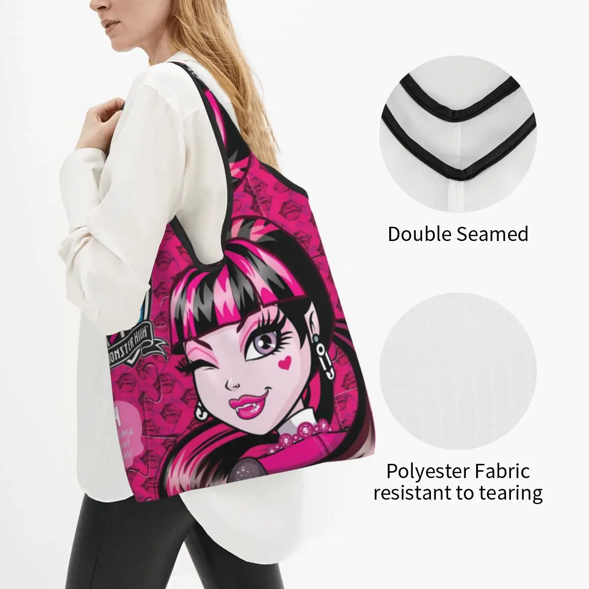 Custom Monsters Highs Anime Groceries Tote Shopping Bags Kawaii Gothic Pink Dolls Shoulder Shopper Bags Large Capacity Handbags