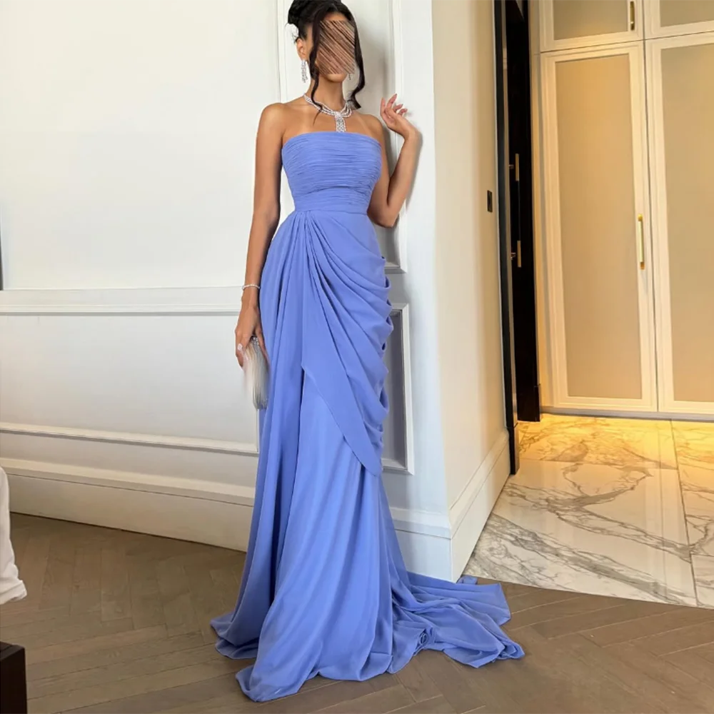 

Customized Strapless Formal Evening Dresses Backless Straight Sweep Train Draped Prom Gown Modern Pleat Long Chiffon Party Dress