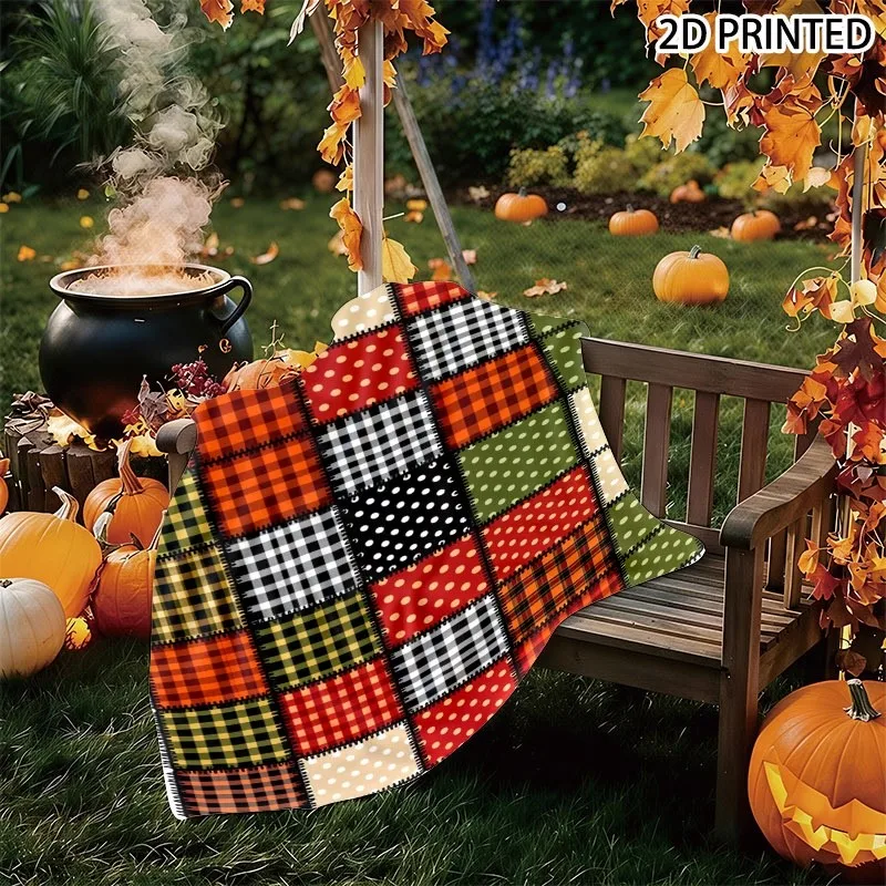 Rustic Fall Patchwork Quilted Throw Blanket with Vibrant Plaid, Polka Dots & Solid Patches, Multiple Specifications Available, C