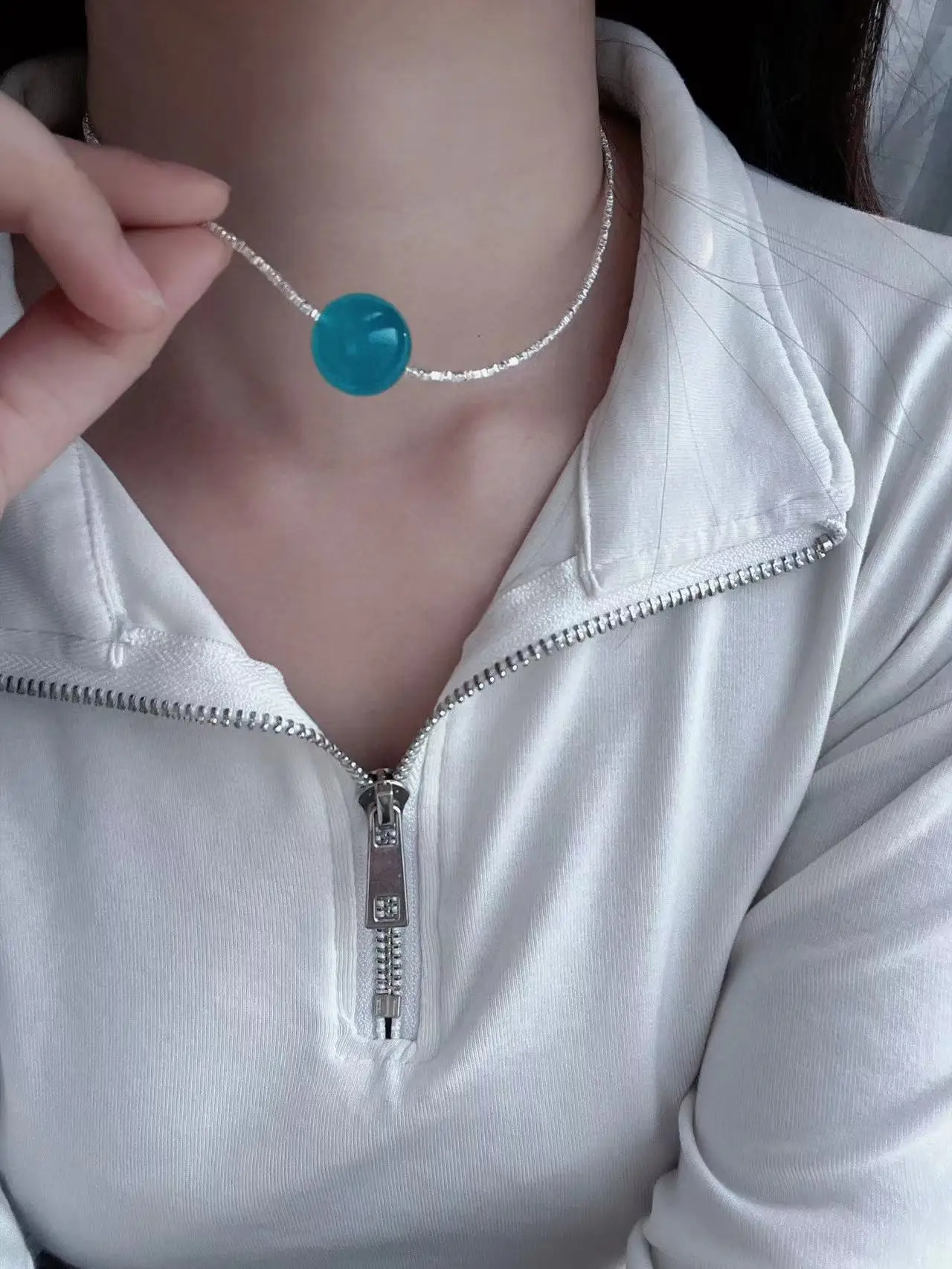 lingzhiwu Women 925 Silver Necklace Natural Amazonite Stone Necklaces Choker Necklaces Silver Neck Chain New Arrival