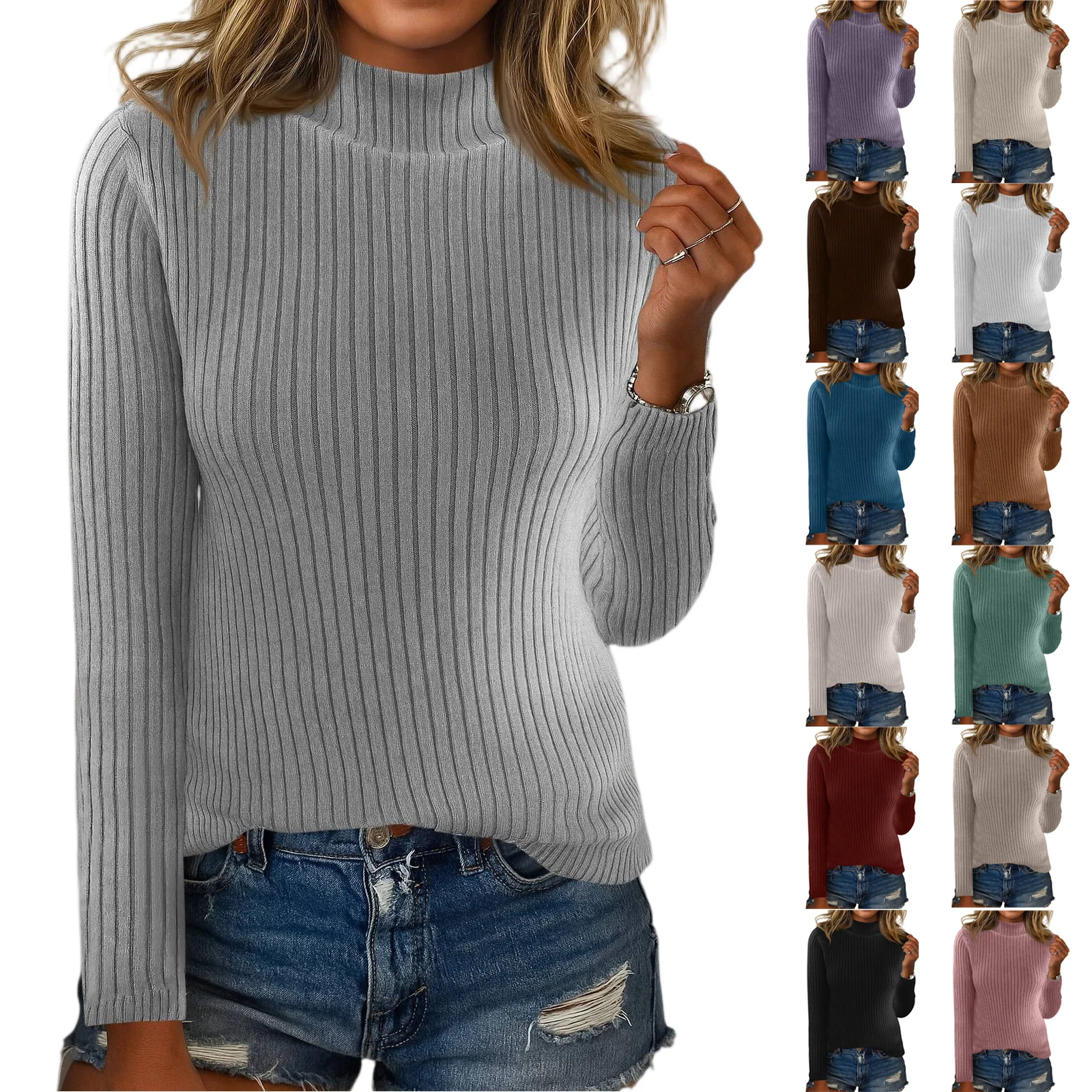 2025 Hot Women'S Fashionable Solid Color Half High Collar Long Sleeve Knitted Pullover Sweater Top Ropa De Mujer Pulls Femmes